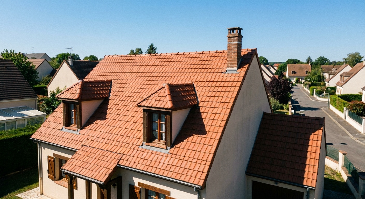 Schematischer Aufbau eines geneigten Dachs mit Ziegeldeckung.
